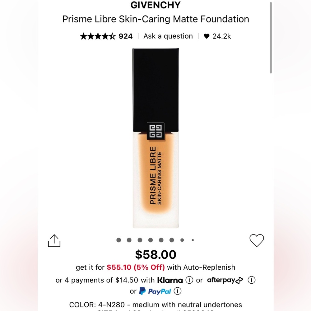 GIVENCHY Prisme Libre Skin-Caring Matte Foundation - 4 - N280
